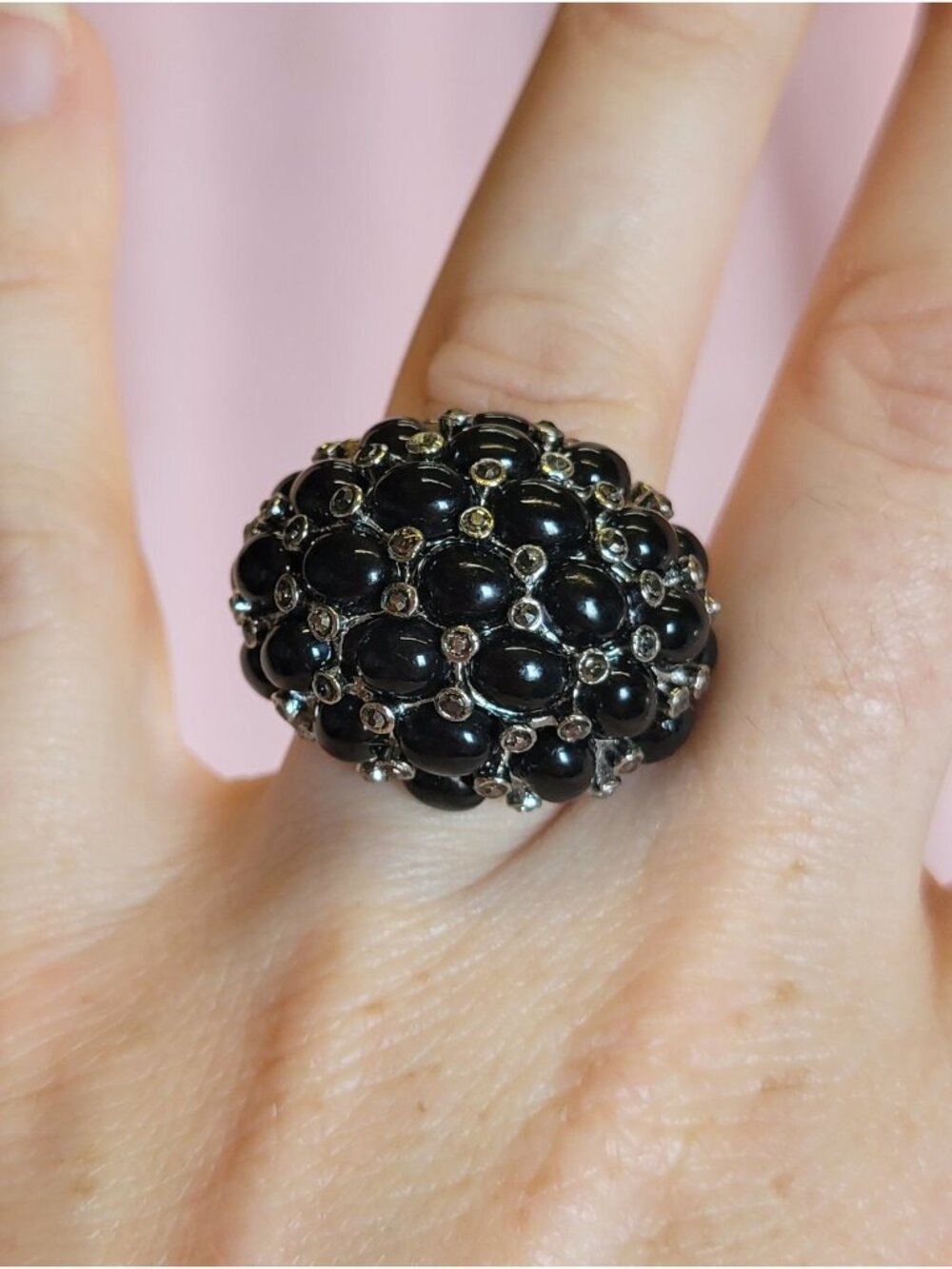 Stella & Dot Midnight Bloom Adjutable Silver tone Black Dome Statement Ring R1